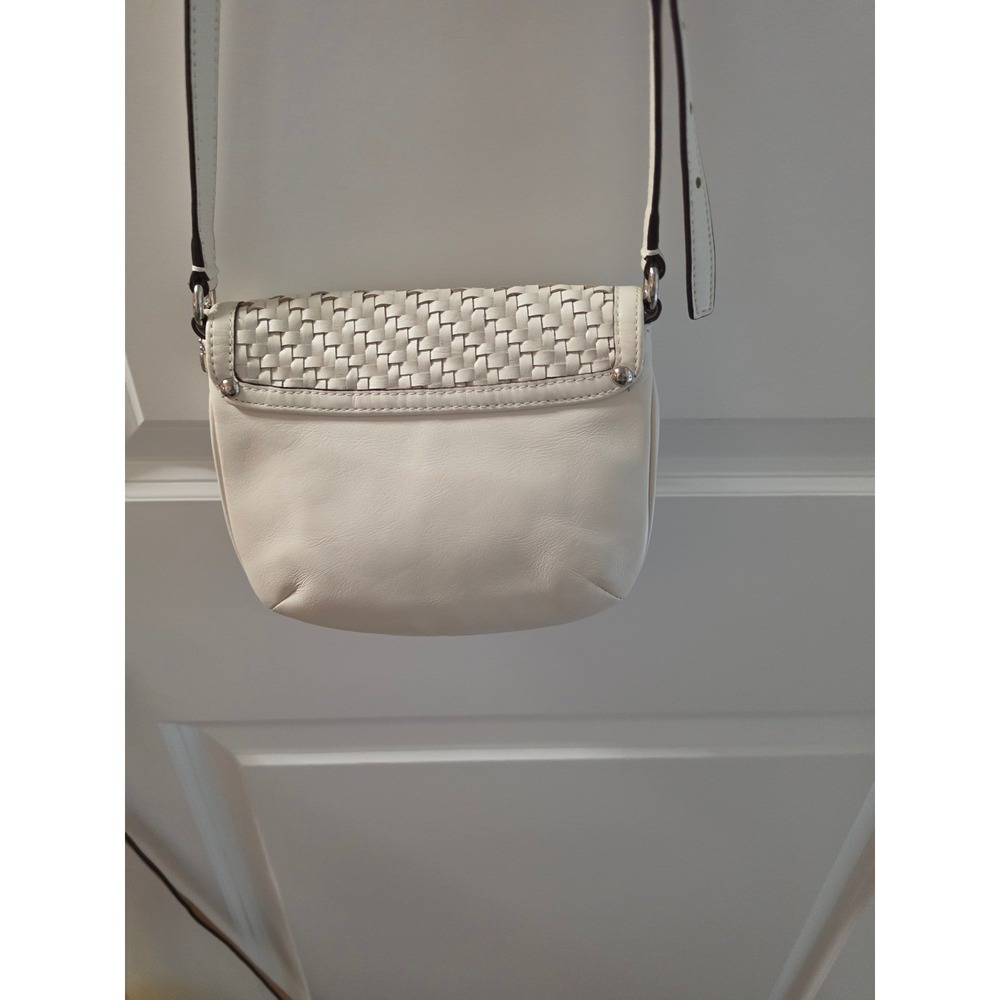 Coach Woven Leather Crossbody Bag Cream White Silver Hardware Turnlock Small COA - Picture 4 of 12